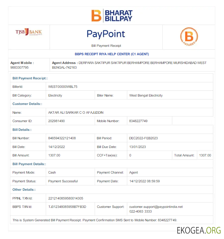 INDIA WEST BENGAL ELECTRICITY utility bill Word and PDF template